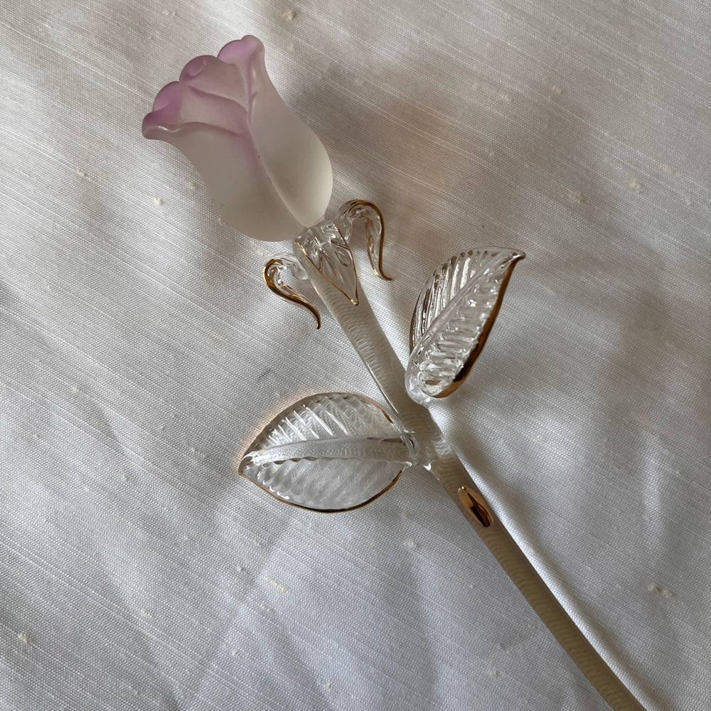 Vintage Glass Rose Stem Figurine with Pink Tip Decor